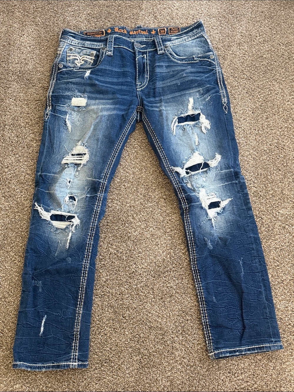 Rock Revival Slim Straight Distressed Dark Blue Jeans